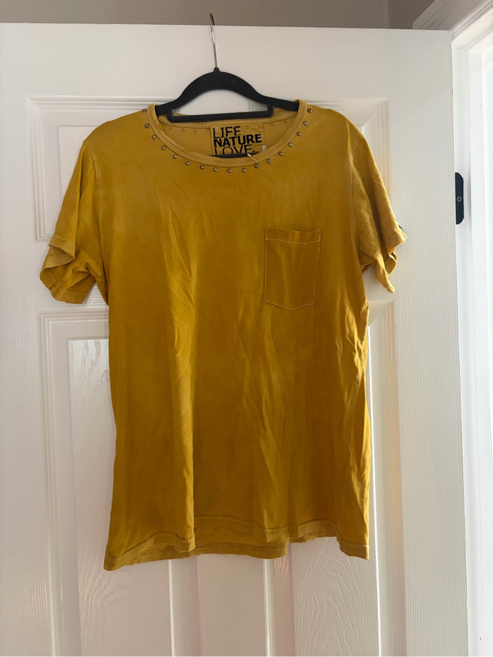 freecity Mustard Yellow Short Sleeve Pocket Tee with Studded Neckline